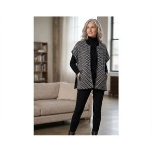 Chico's Black White Geometric Poncho Sweater Vest Metallic Size S/M Cardigan